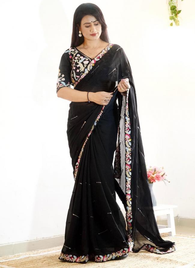 Chiffon Black Party Wear Embroidery Work Saree(stitched blouse)